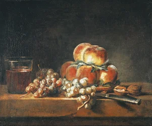 Stillleben mit Pfirsichen, Nüssen, Trauben und einem Glas Wein, 1758